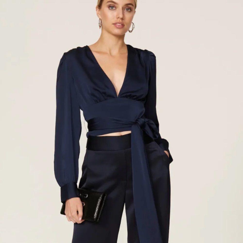marissa webb Satin Tie Waist Blouse in blue size 2